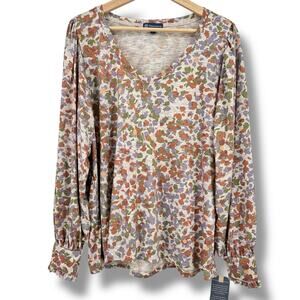 New Democracy Wide V-Neck Floral Camo Print Shirt Plus Sz 1X Wisteria